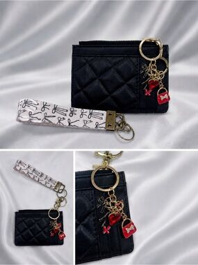 Black Quilted Card Holder Wallet Keychain Wristlet Charm Set